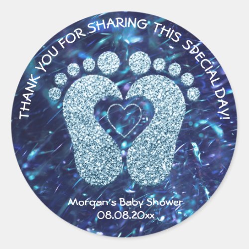 Blue Navy Heart Feet Baby Shower Favor Thank Boy Classic Round Sticker