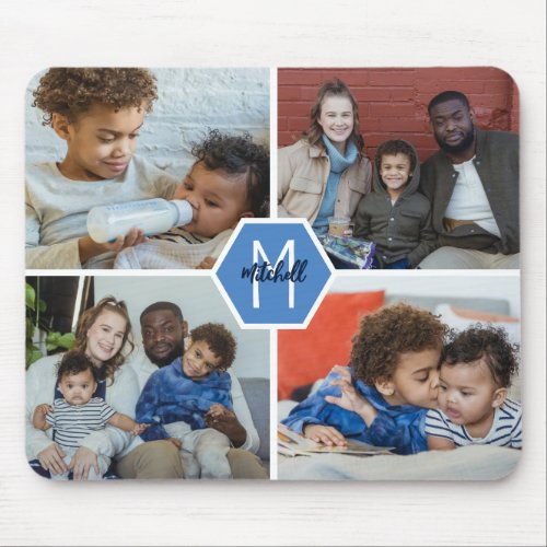 Blue Navy Hexagon Monogram Family Photo Collage Mouse Pad