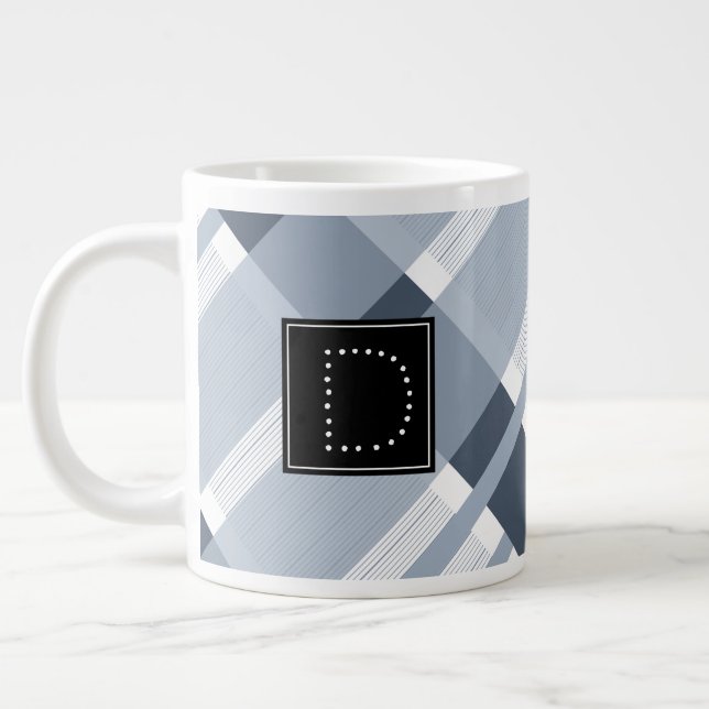 Blue Navy Jean Plaid Striped Pattern Monogram Giant Coffee Mug (Left)