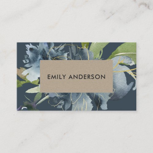 BLUE NAVY KRAFT GREEN GOLD FLORAL WATERCOLOR BUSINESS CARD
