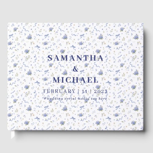 Blue Navy Minimal Floral Patterned Wedding Guest Book