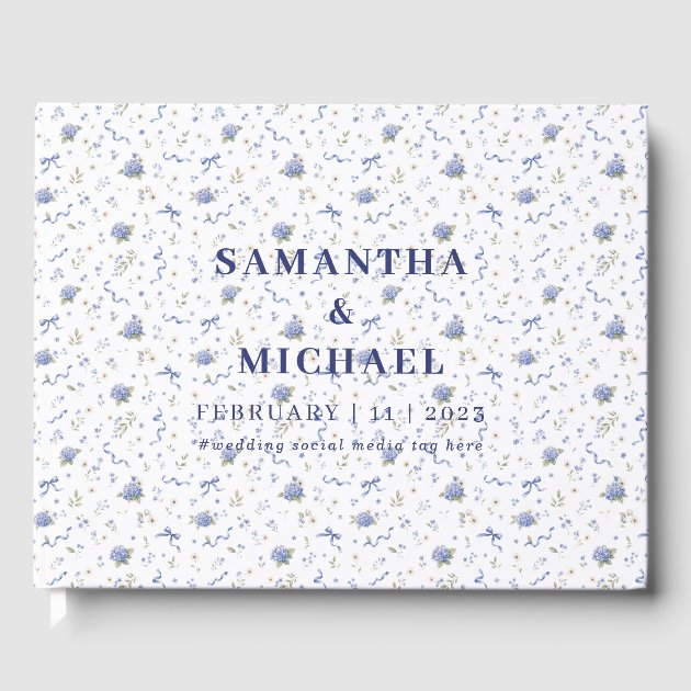 Blue Navy Minimal Floral Patterned Wedding Guest Book