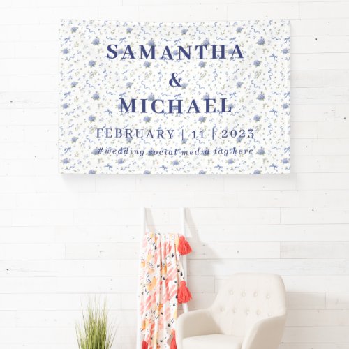 Blue Navy Minimalist Floral Patterned Wedding Banner