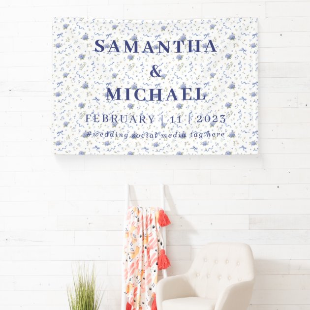 Blue Navy Minimalist Floral Patterned Wedding Banner