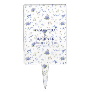 Blue Navy Modern Flowers Floral Patterned Wedding Cake Topper