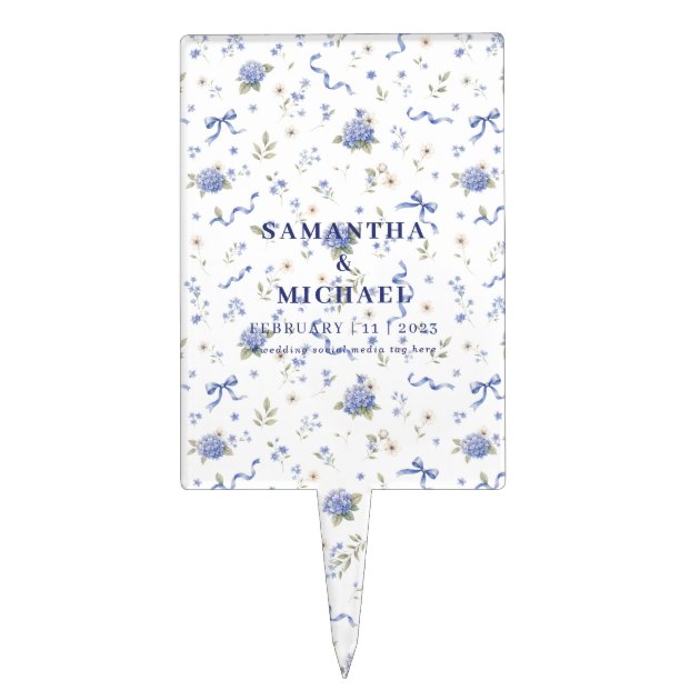Blue Navy Modern Flowers Floral Patterned Wedding Cake Topper