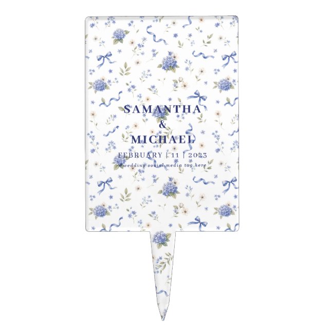 Blue Navy Modern Flowers Floral Patterned Wedding Cake Topper (Front)