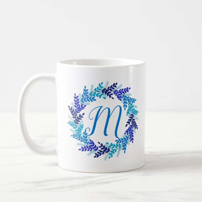 Blue Navy Monogram Initial Christmas Wreath Coffee Mug (Left)