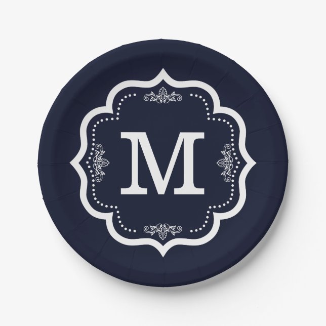 Blue Navy  Monogram Paper Plates (Front)