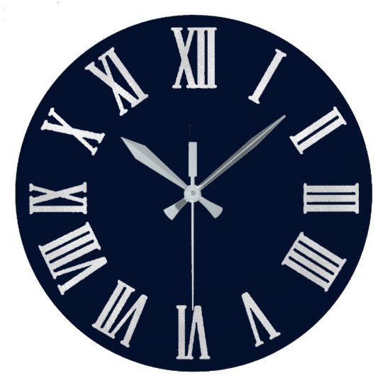 Blue Navy Nauti Gray Metallic Silver Roman Numbers Large Clock