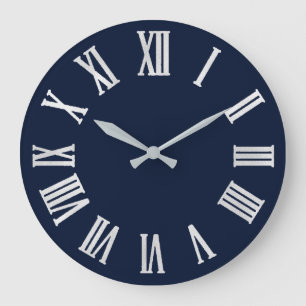 Blue Navy Nauti Gray Metallic Silver Roman Numbers Large Clock