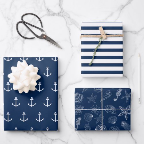 Blue Navy Nautical Anchor Stripes Sea Life Wrapping Paper Sheets