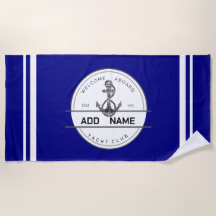 Blue navy Nautical Anchor yacht club boat marina Beach Towel