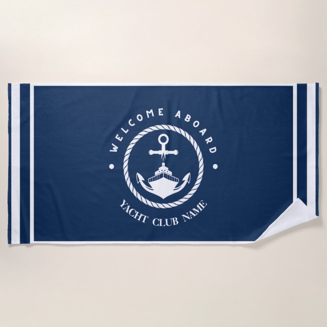 Blue Navy Nautical Anchor yacht club boat marina  Beach Towel (Front)
