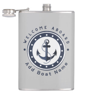Blue Navy Nautical Anchor yacht club boat marina Flask