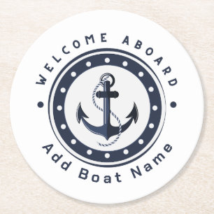 Blue Navy Nautical Anchor yacht club boat marina Round Paper Coaster