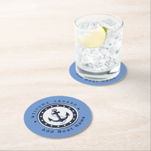 Blue Navy Nautical Anchor yacht club boat marina Round Paper Coaster