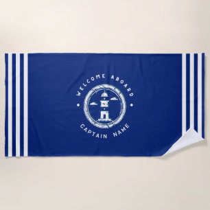Blue Navy Nautical Anchor yacht club boat Retro Na Beach Towel