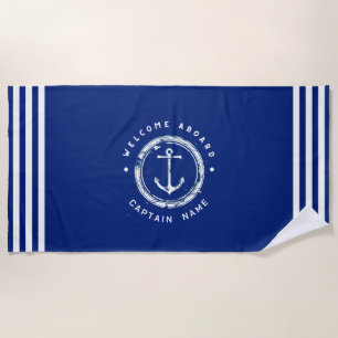 Blue Navy Nautical Anchor yacht club boat Retro Na Beach Towel