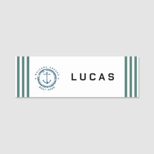 Blue Navy Nautical Anchor yacht club boat Retro Na Name Tag