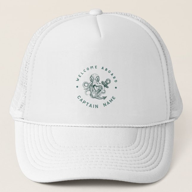 Blue Navy Nautical Anchor yacht club retro octopus Trucker Hat (Front)