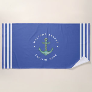 Blue Navy Nautical Anchor yacht club Retro sailing Beach Towel