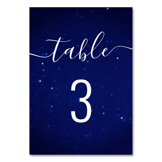 Blue navy night stars wedding. Script calligraphy Table Number (Front)