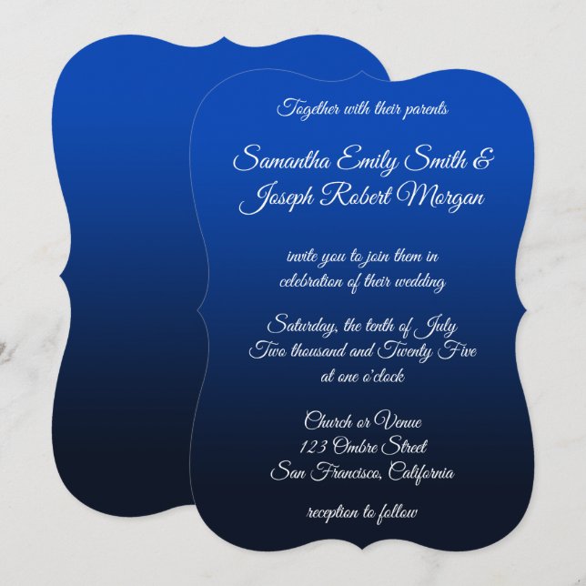 Blue Navy Ombre Elegant Calligraphy Wedding Invitation (Front/Back)