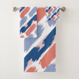 Blue, Navy, Peach and Pink Abstract Paint Strokes Bath Towel Set
