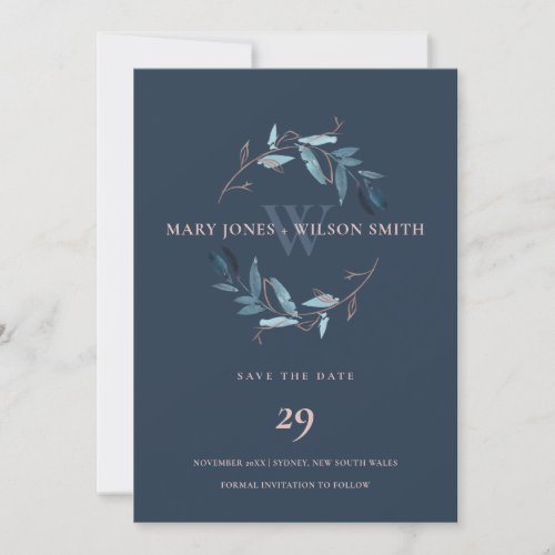 BLUE NAVY PINK FOLIAGE WREATH SAVE THE DATE CARD