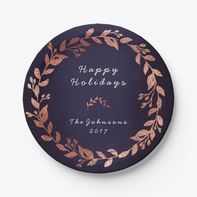 Blue Navy Pink Rose Gold Gray Christmas Paper Plates (Front)