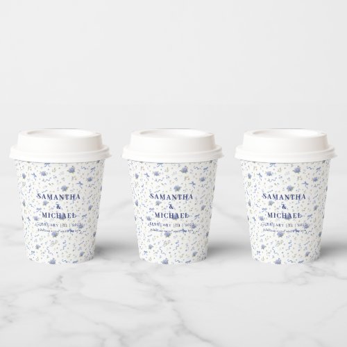 Blue Navy Popular Flowers Floral Patterned Wedding Paper Cups