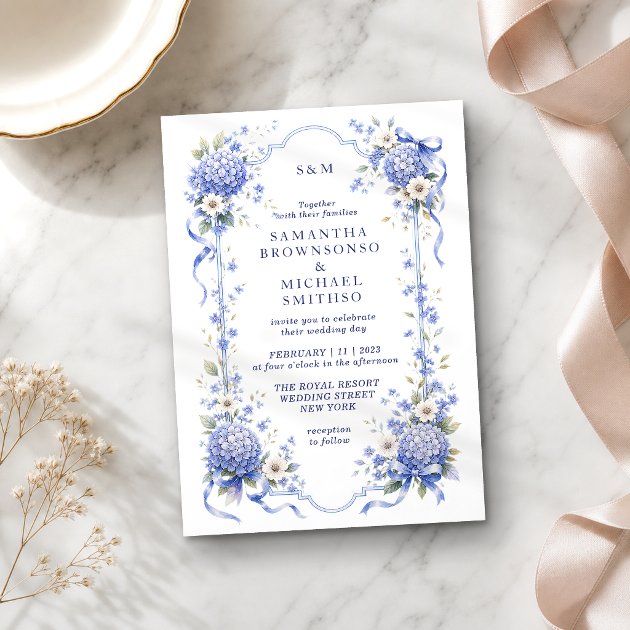 Blue Navy Porcelain Floral Classic Wedding Invitation