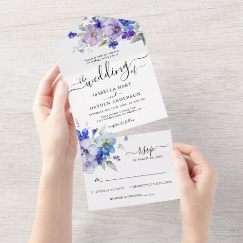 Blue Navy Purple Lavender Floral Wedding RSVP All In One Invitation