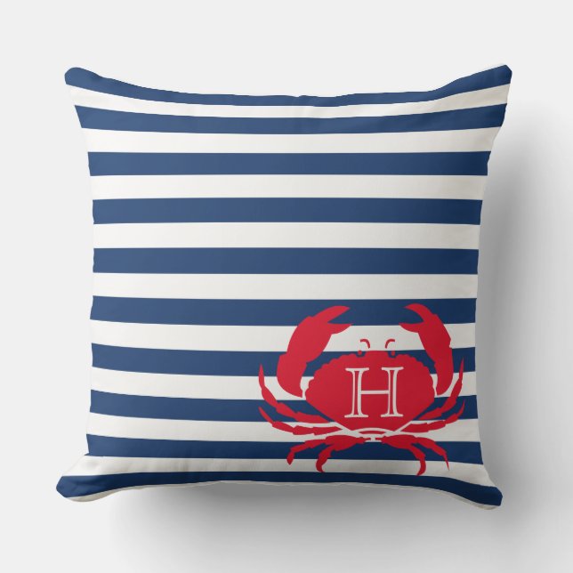 Blue Navy Red Crab Nautical Modern Stripes Outdoor Outdoor Pillow (Front)