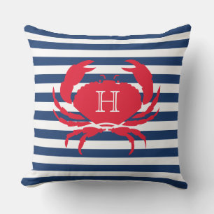 Blue Navy Red Crab Nautical Modern Stripes Outdoor Pillow