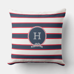 Blue Navy Red White Nautical Monogram Stripes Outdoor Pillow