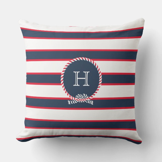 Blue Navy Red White Nautical Monogram Stripes  Outdoor Pillow (Front)
