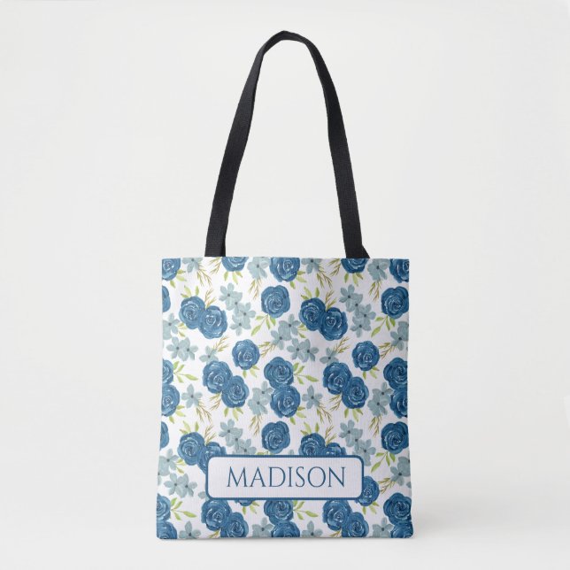 blue navy rose flower tote bag (Front)