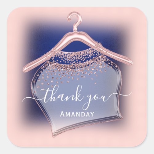 Blue Navy Rose Thank You Name Crystal Glitter Square Sticker