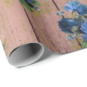 Blue Navy Rose Wood Rustic Floral Wedding Bride Wrapping Paper