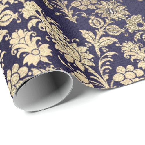 Blue Navy Royal Chic Foxier Gold Powder Floral Wrapping Paper