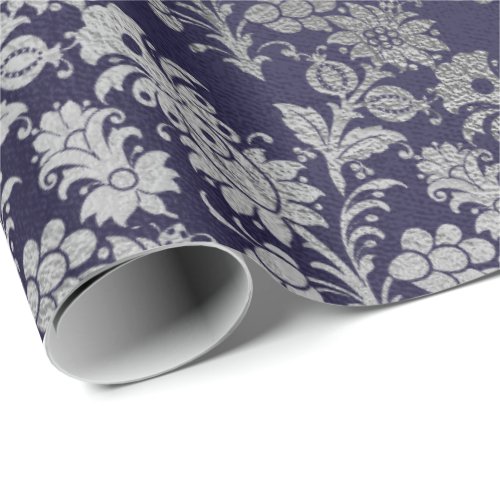 Blue Navy Royal Silver Gray Floral Powder Floral Wrapping Paper