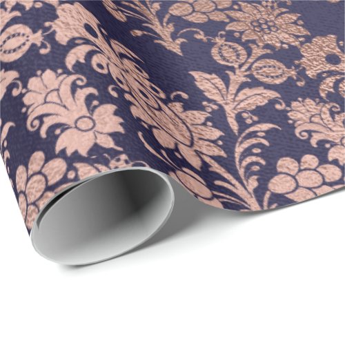 Blue Navy Royal Silver Rose Gold Powder Floral Wrapping Paper