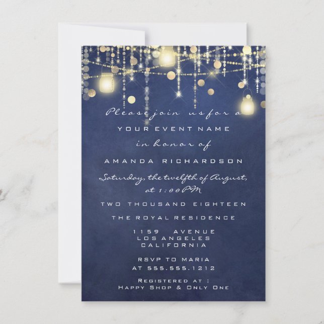 Blue Navy Rustic Gold Lights Jar Bridal Shower Invitation (Front)