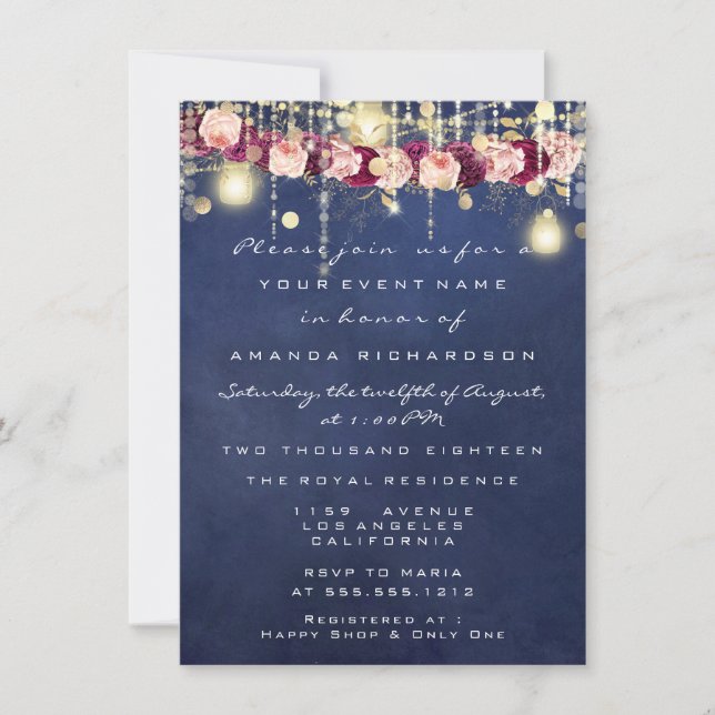 Blue Navy Rustic Gold Lights Jar Bridal Wedding Invitation (Front)