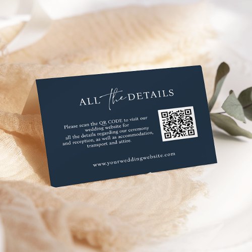 Blue Navy Script simple QR Code Wedding Detail Enclosure Card