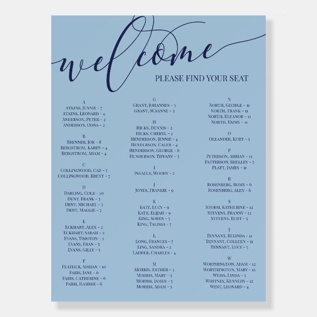 Blue Navy Script Welcome Seating Chart Any Event Foam Board (Front)
