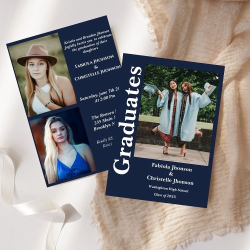 Blue navy  siblings graduate Double graduation  Invitation