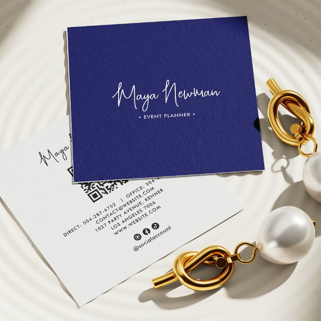 BLUE NAVY SIGNATURE Modern CHIC Minimal QR Code  Square Business Card (Creator Uploaded)